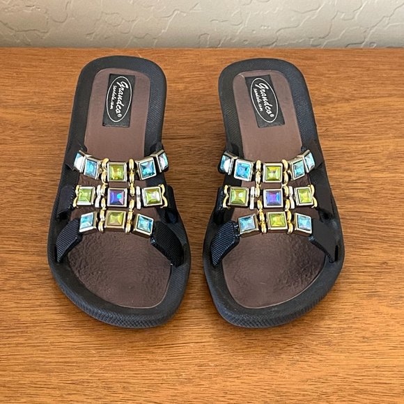 Grandco Sandals 6 Black Blue Green Crystals 3 Strap Slide Wedge - Picture 2 of 11